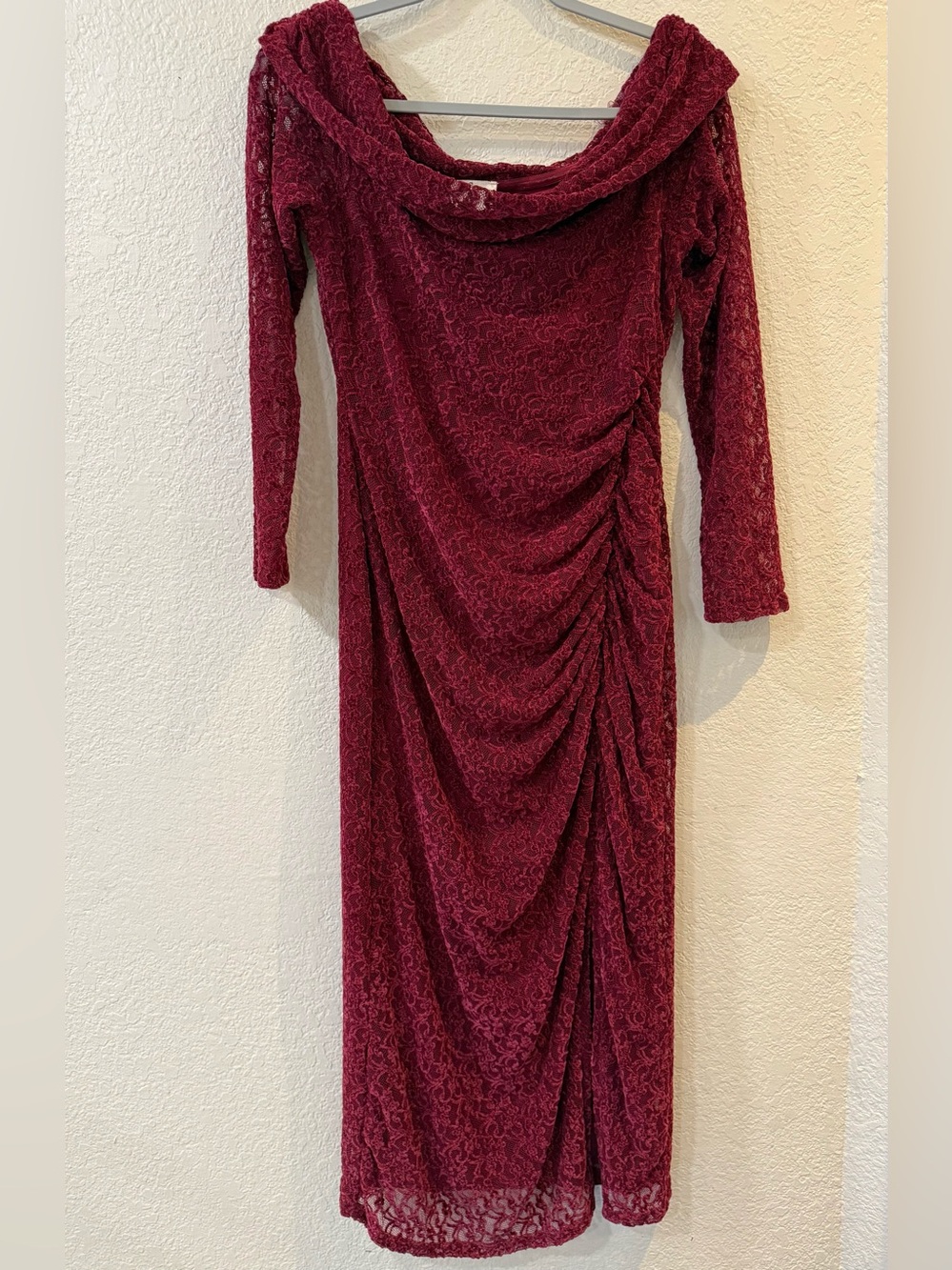 Wine Lace Draped Long-Sleeve Maxi Dress